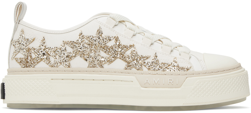 Off-White & Gold Glitter Stars Court Low Sneakers