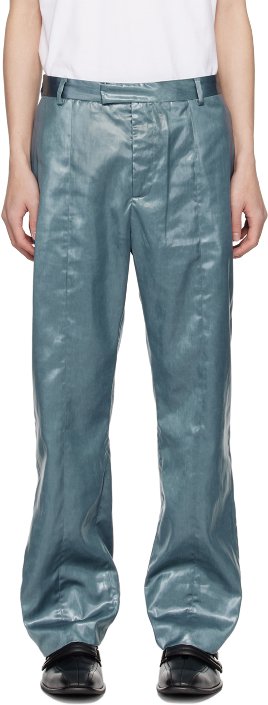 Shop Martine Rose Blue Slim-fit Trousers In Wet Look Petrol