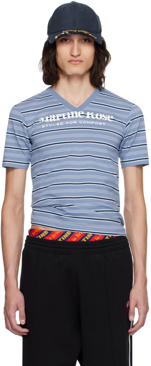 Shop Martine Rose Blue Shrunken T-shirt In Blue Stripe / Martin