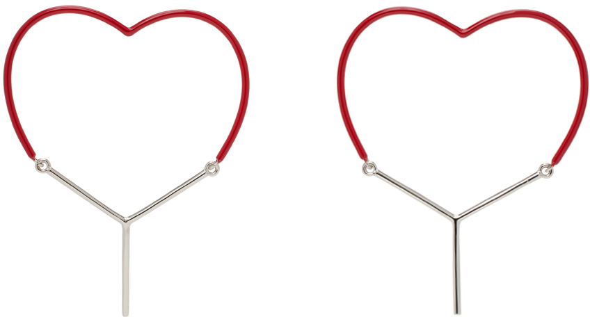 Shop Y/project Red & Silver Mini Y Heart Earrings In Red And Silver