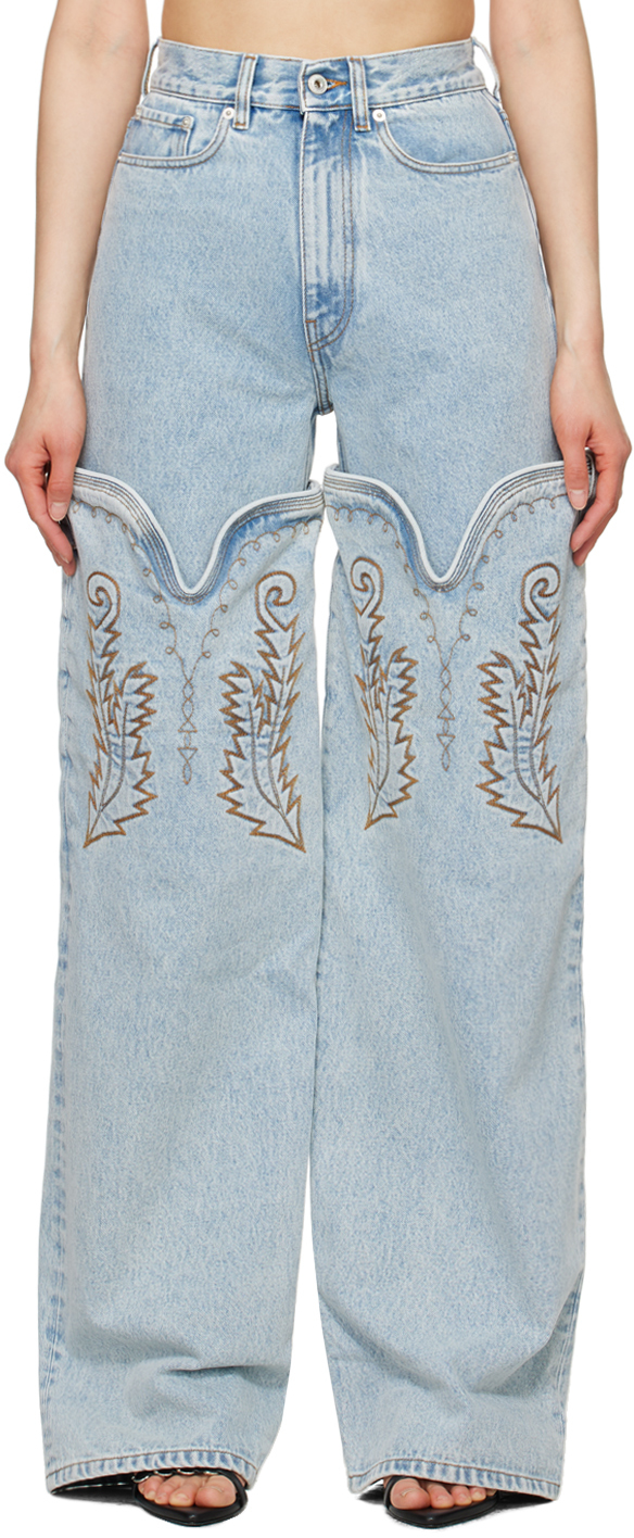Shop Y/project Blue Maxi Cowboy Cuff Jeans In Evergreen Ice Blue