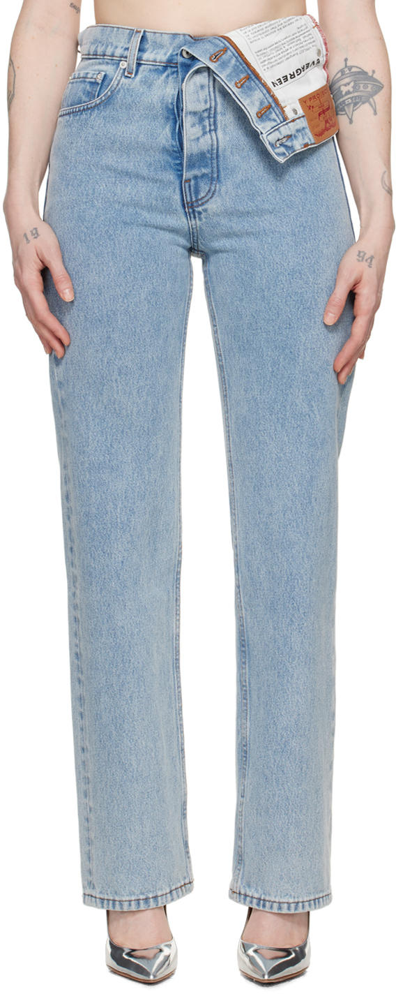 Shop Y/project Blue Asymmetric Waist Jeans In Ice Blue