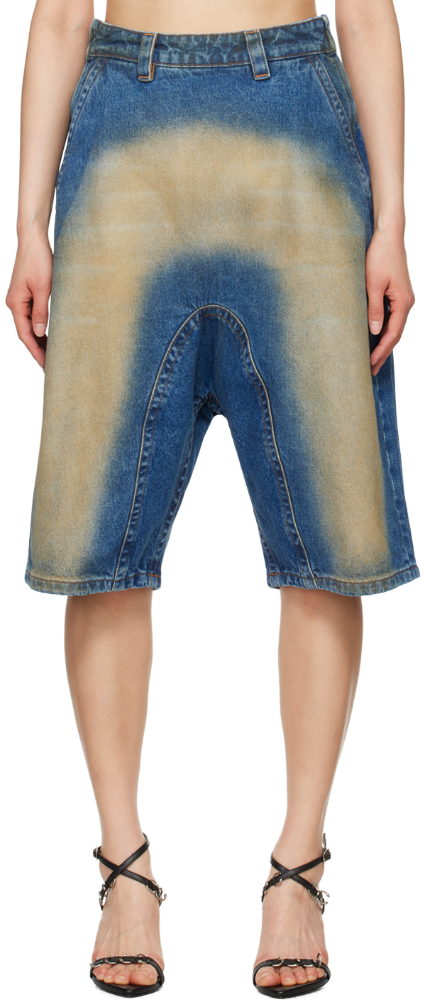 Shop Y/project Blue Souffle Denim Shorts In Blue/yellow Spray