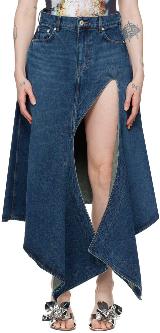 Blue Cut Out Denim Midi Skirt