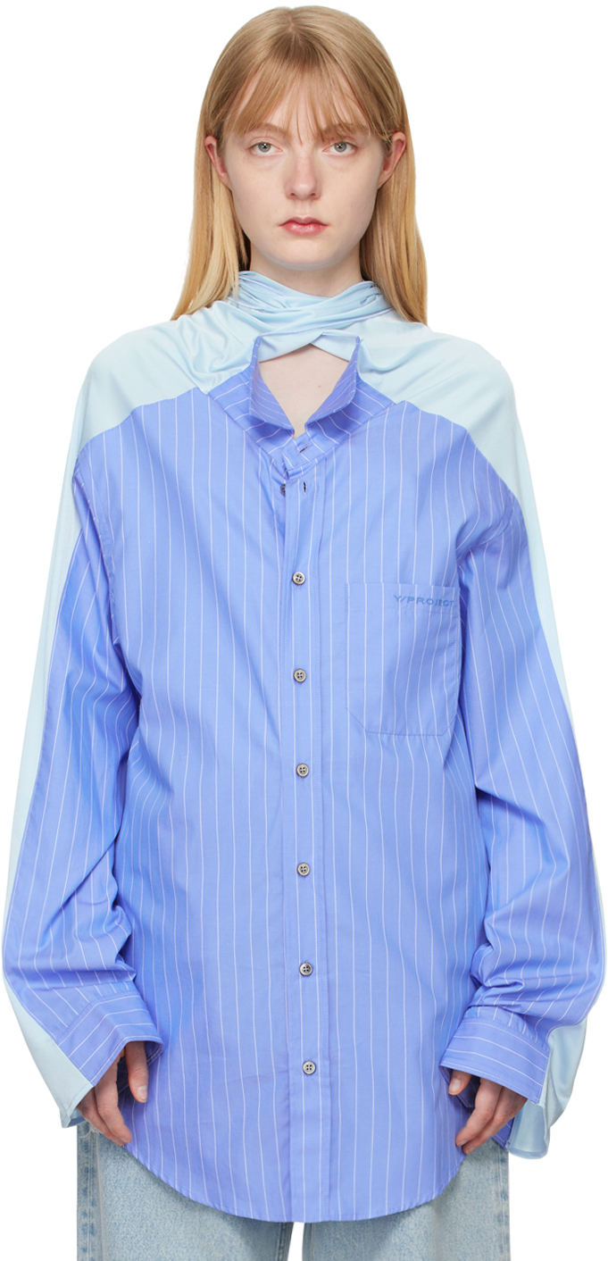 Shop Y/project Blue Insert Scarf Shirt In Blue Stripe