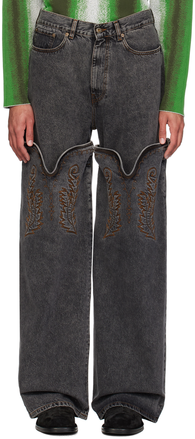 Y/project Black Maxi Cowboy Cuff Jeans In Evergreen Vintage Bl