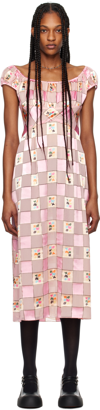 Shop Anna Sui Pink Check Midi Dress In Powder Pink Multi