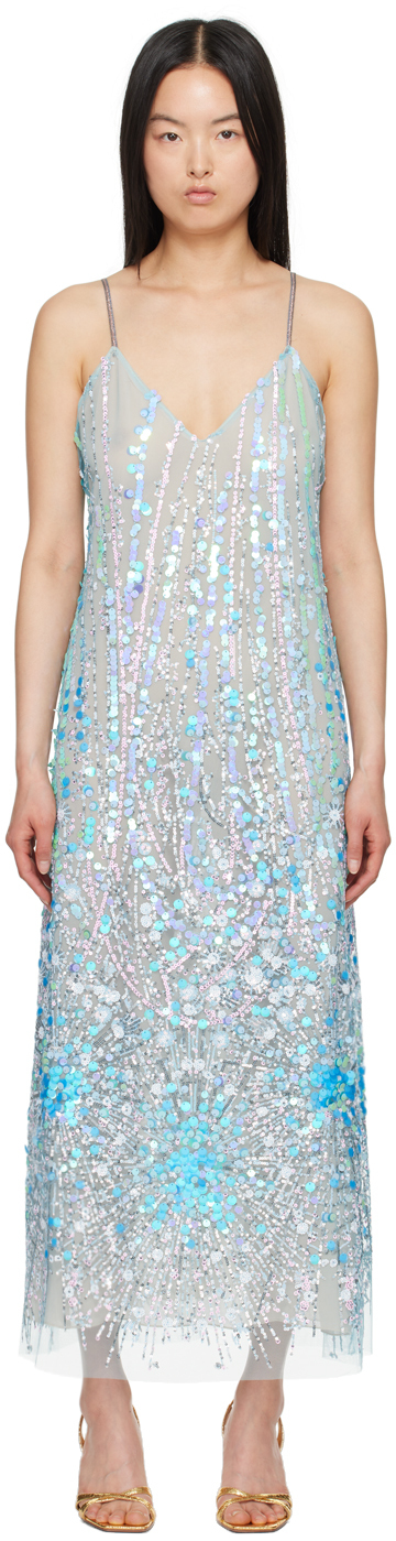 Shop Anna Sui Blue Sequinned Maxi Dress In Turquoise Multi