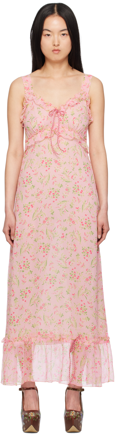 Shop Anna Sui Pink Ruffle Maxi Dress In Powder Pink Multi