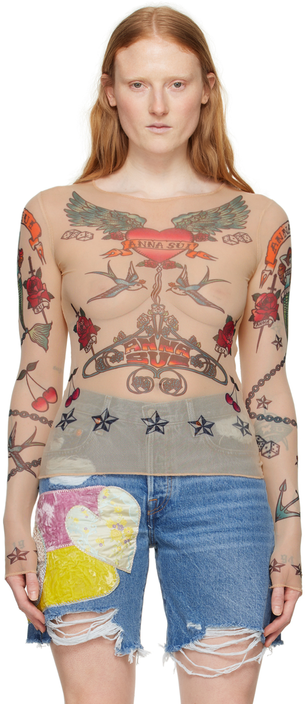 Shop Anna Sui Beige Tattoo Long Sleeve T-shirt In Nude Multi