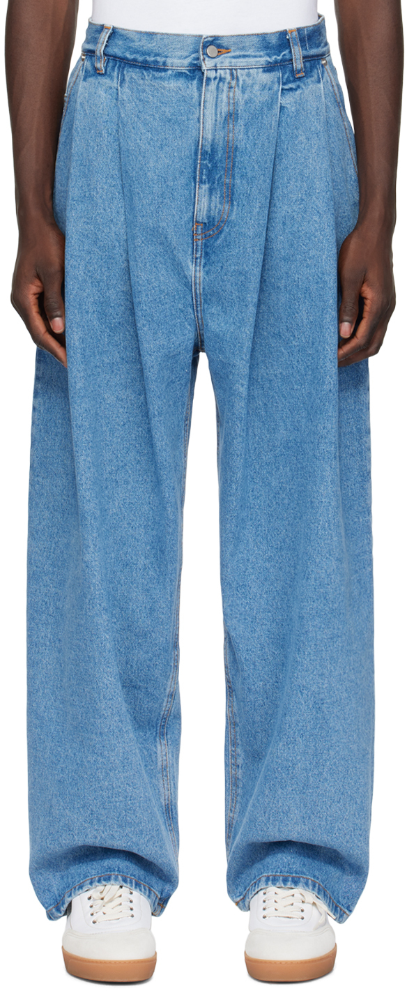 Shop Hed Mayner Blue Pleated Jeans In 460-open Blue