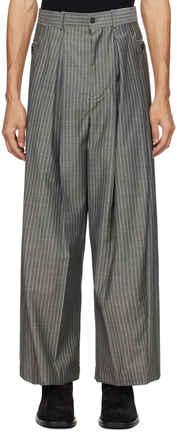 Hed Mayner Gray Pinstripes Trousers In 030-medium Grey