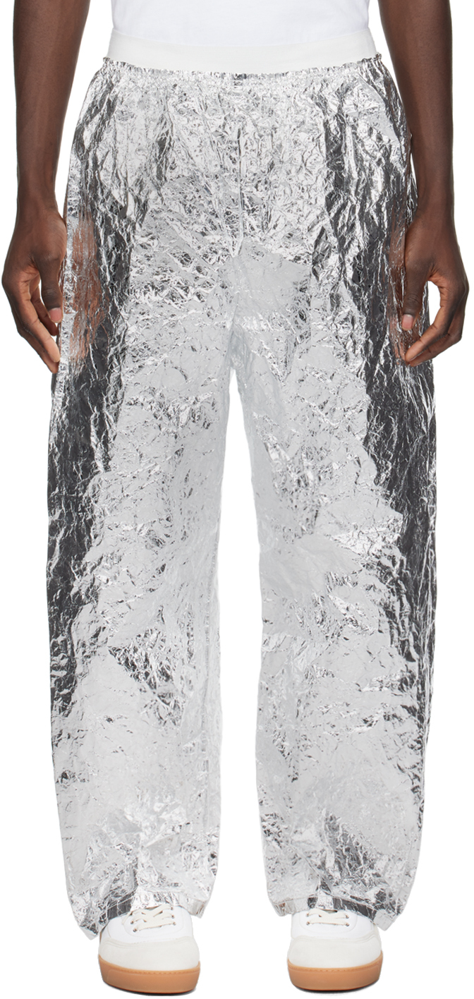 Shop Hed Mayner Silver Crinkled Trousers In 040-silver