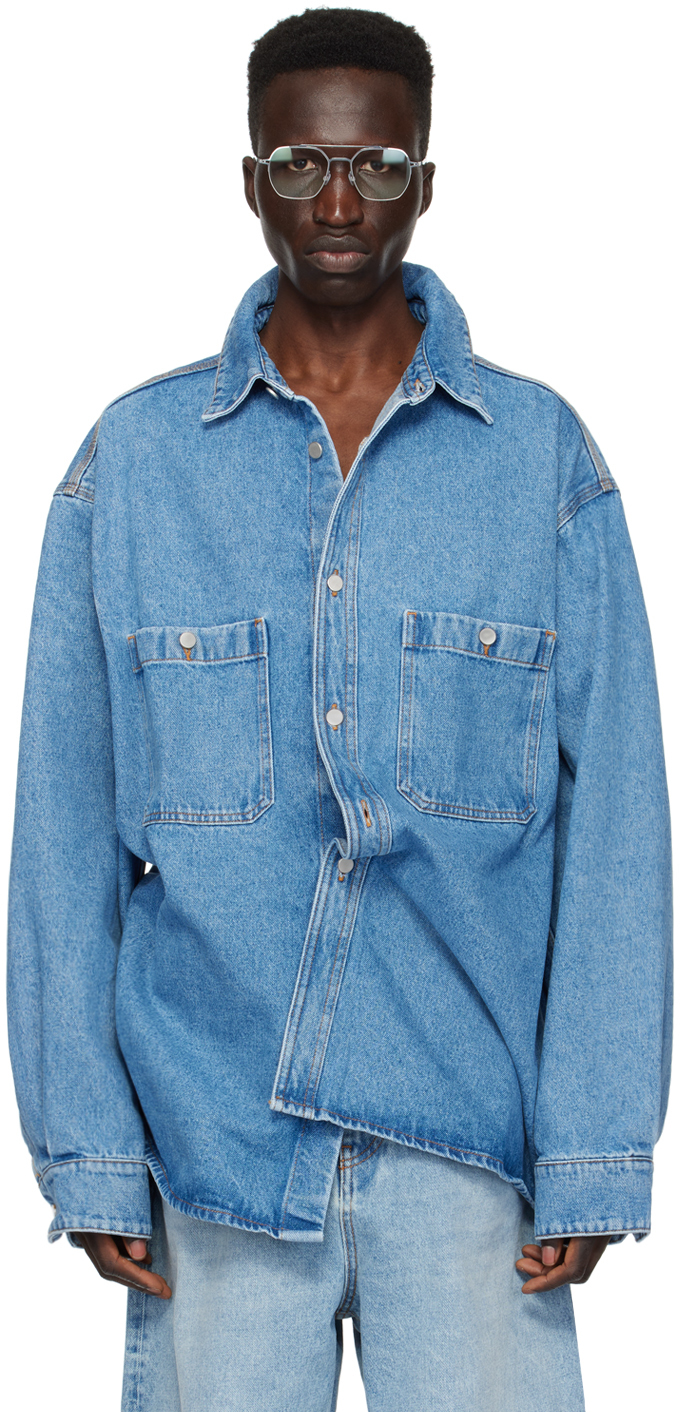 Shop Hed Mayner Blue Patch Pocket Denim Shirt In 460-open Blue