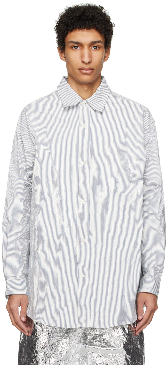 Hed Mayner White & Navy Pinstripe Shirt In 104-natural