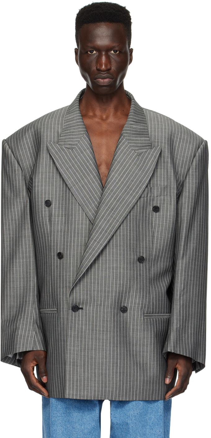 Shop Hed Mayner Gray Striped Blazer In 030-medium Grey