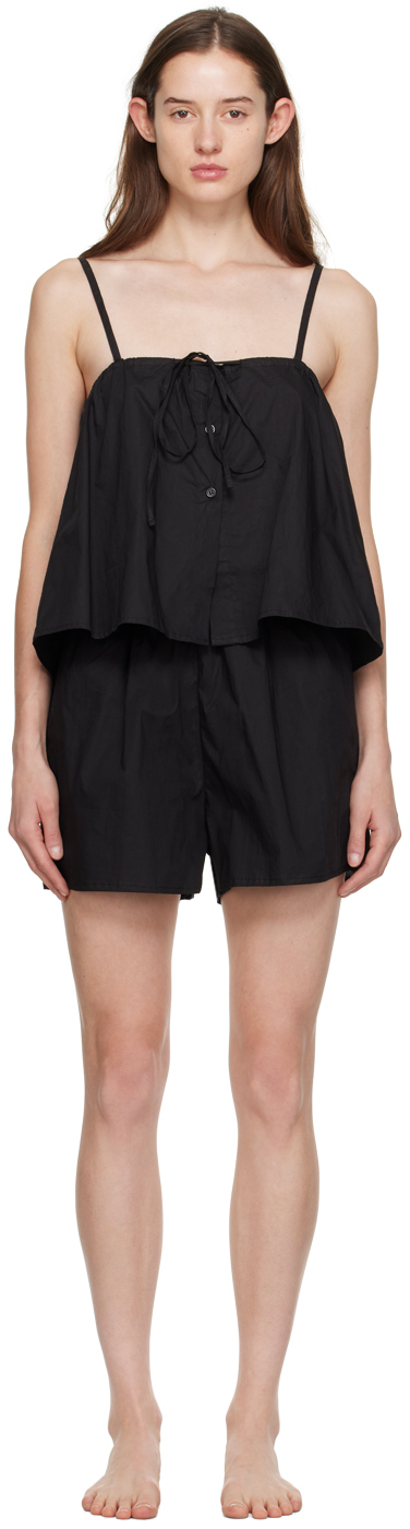 Deiji Studios The Rise Short Tie-detailed Gathered Linen Top And Shorts Set In Black