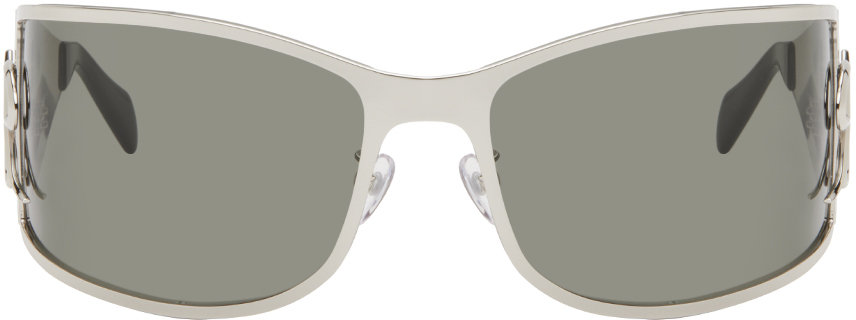 Shop Blumarine Silver Metal Wraparound Sunglasses In 01440 Carbon Silver