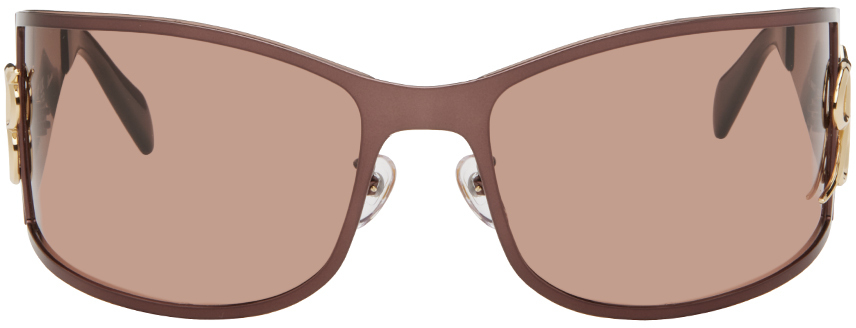 Shop Blumarine Brown Metal Wraparound Sunglasses In N0745 Port Royale
