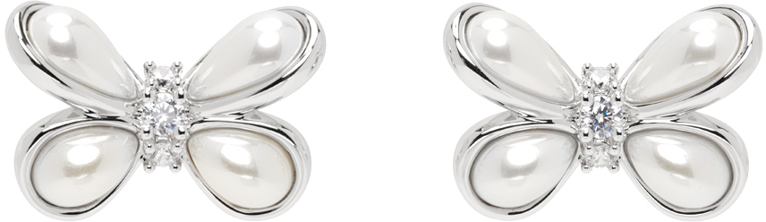 Silver & White YVMIN Edition Large Pearl Butterfly Flower Earrings
