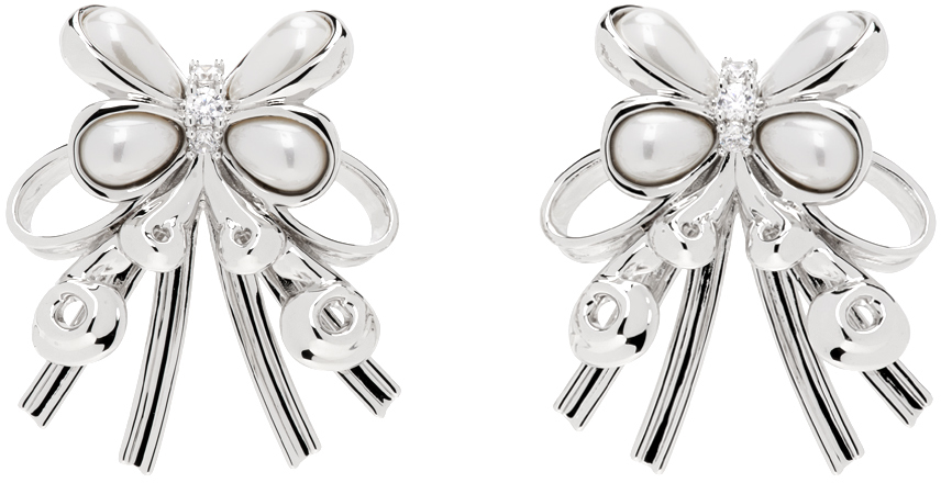 Shop Shushu-tong Silver Pearl Butterfly Flower Earrings In Sliver