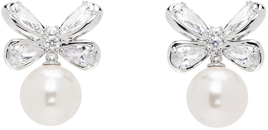 Shop Shushu-tong Silver Butterfly Flower Pearl Stud Earrings In White