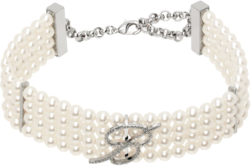 Blumarine: White Pearl Rhinestone B Monogram Choker | SSENSE