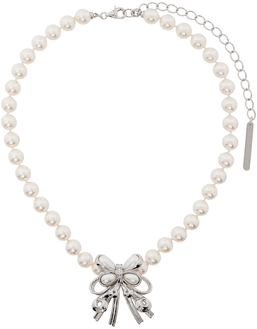 White Pearl Butterfly Flower Necklace by SHUSHU/TONG on Sale