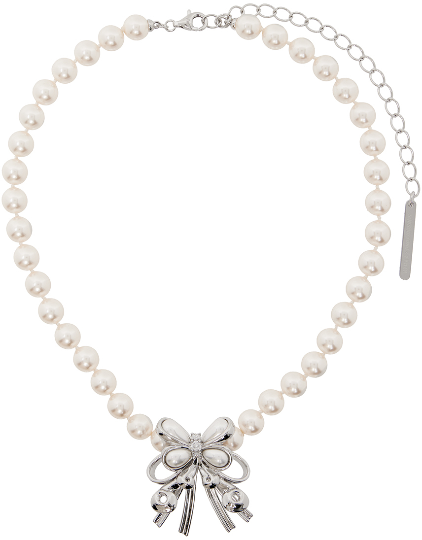 Shop Shushu-tong White Pearl Butterfly Flower Necklace In Sliver