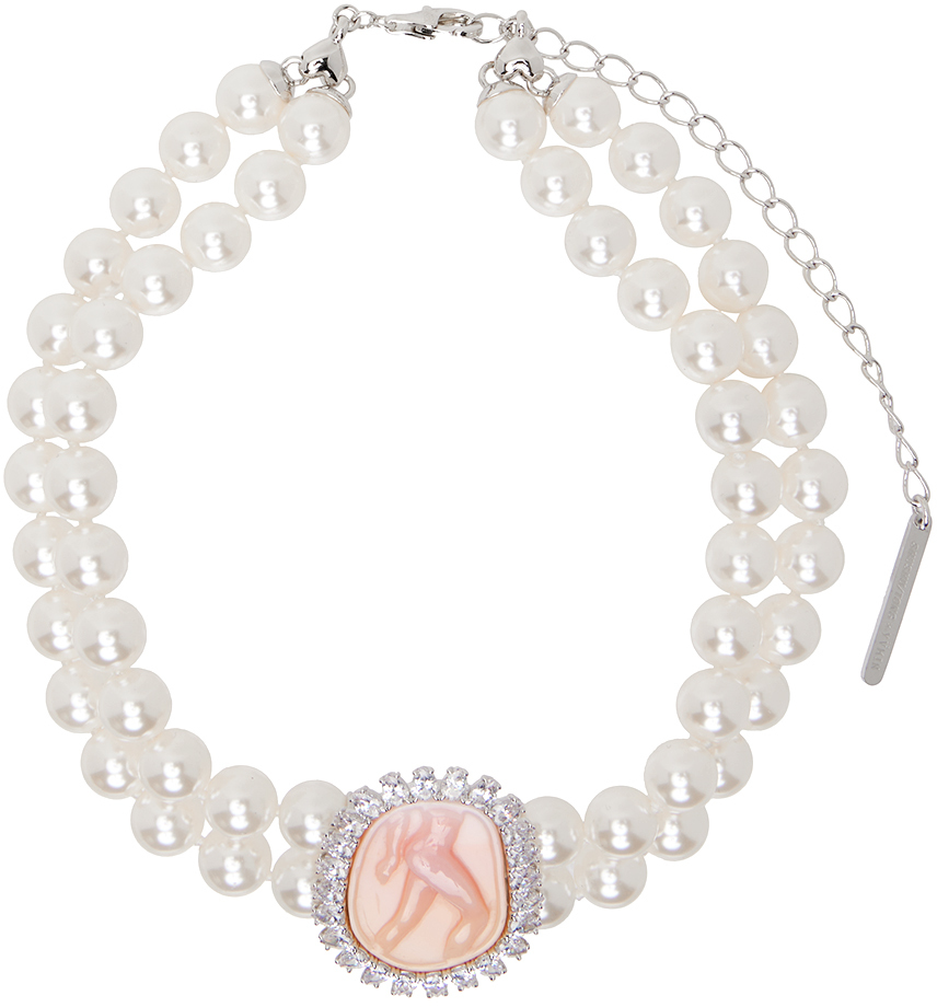 Shop Shushu-tong White Embossed Double Layer Pearl Chain Necklace In Pink