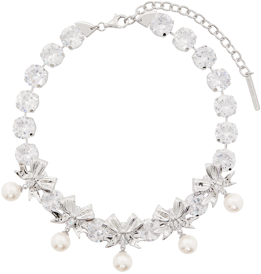 Shop Shushu-tong Silver Bow Pearl Chain Necklace In White