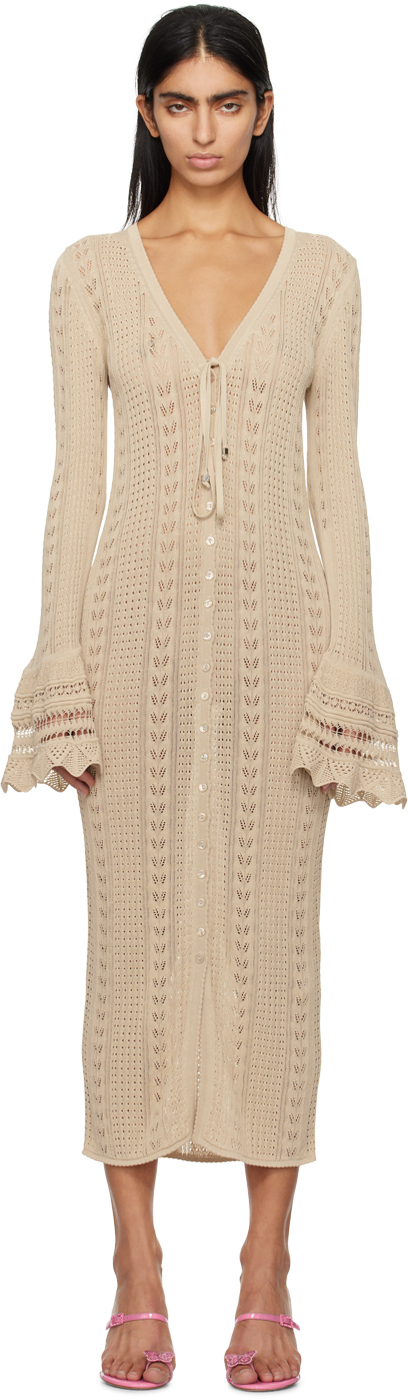 Blumarine: Beige Button Midi Dress | SSENSE