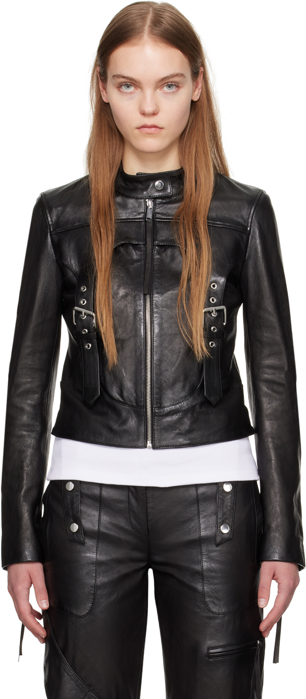 Black Guêpière Leather Biker Jacket by Blumarine on Sale