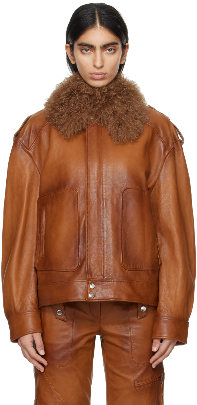 Brown Detachable Collar Leather Jacket