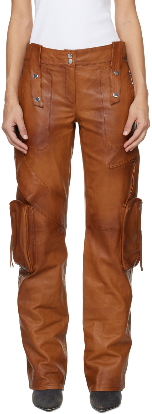 Brown Bellows Pocket Leather Pants