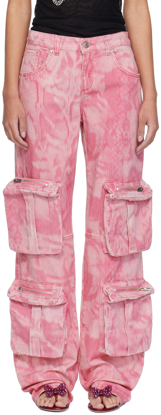 Shop Blumarine Pink Camouflage Denim Cargo Pants In M7421 Rose Wine/wild
