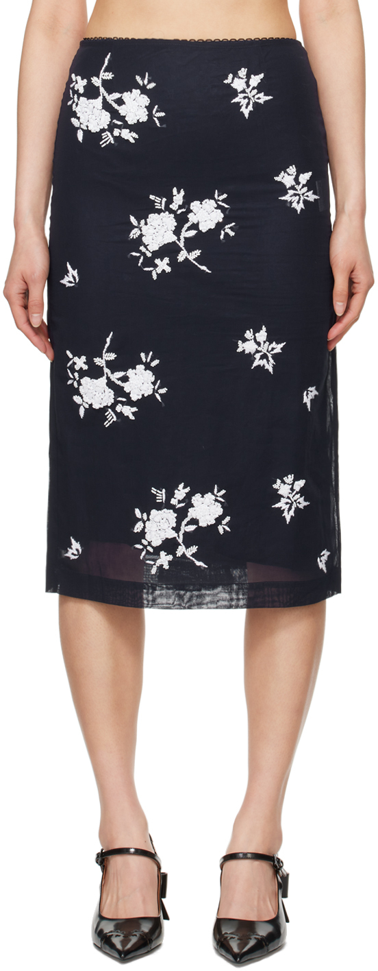Shop Shushu-tong Navy Embroidered Midi Skirt In Na100 Black