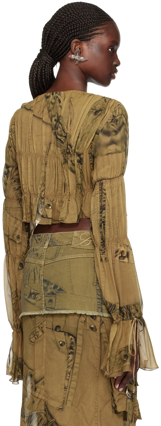 Blumarine Green Print Blouse In T5769 Taupe Grey/ner