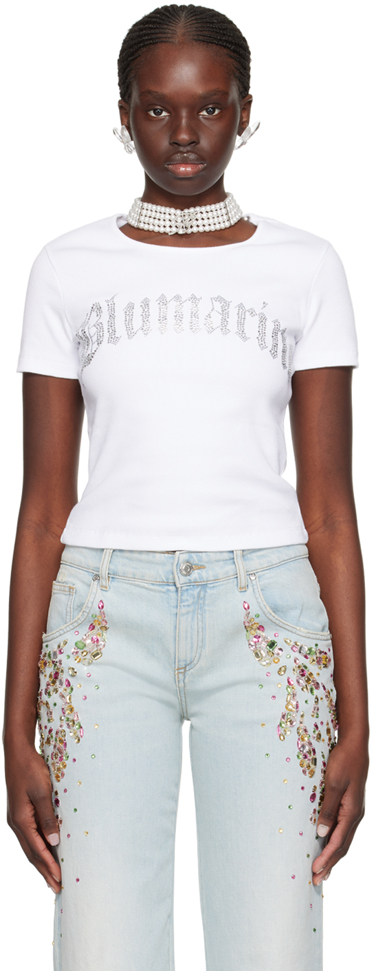 【関税込み】Blumarine ホワイト ラインストーン Tシャツ Blumarine ラインストーンロゴ Tシャツ | ホワイト | FARFETCH JP