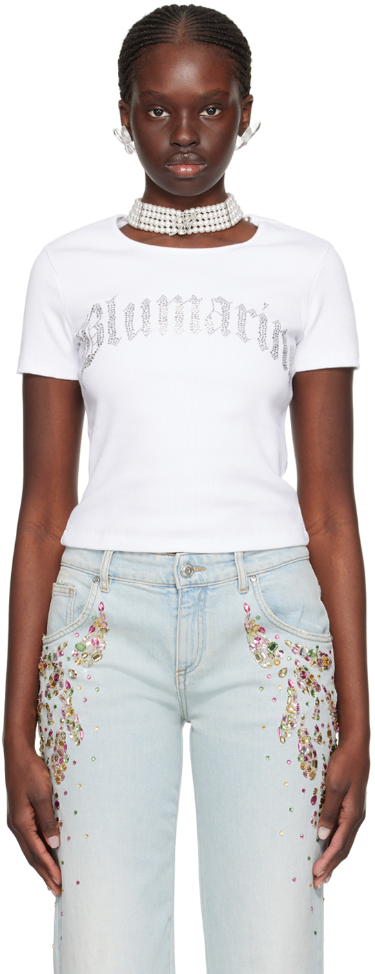 Shop Blumarine White Crystal-cut T-shirt In N0100 Ottico