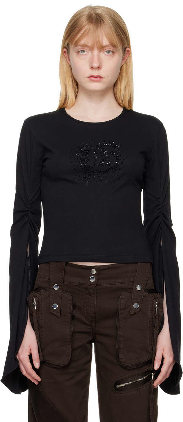 Shop Blumarine Black Crystal-cut Long Sleeve T-shirt In N0990 Black
