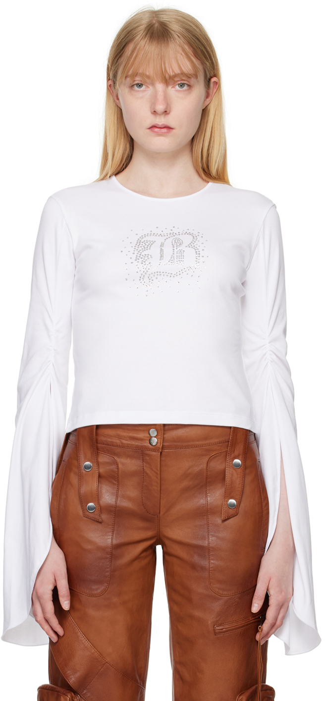 Shop Blumarine White Crystal-cut Long Sleeve T-shirt In N0100 Optical White