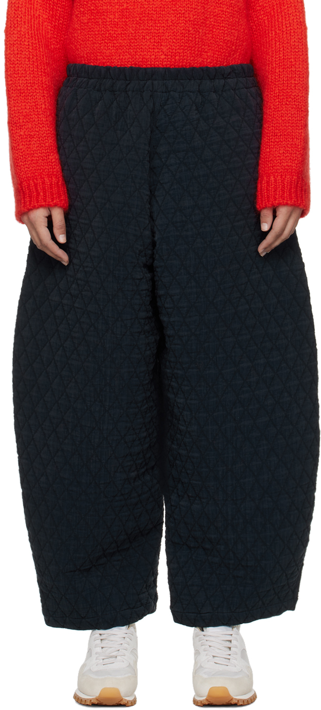 Navy Quilted Curved Trousers