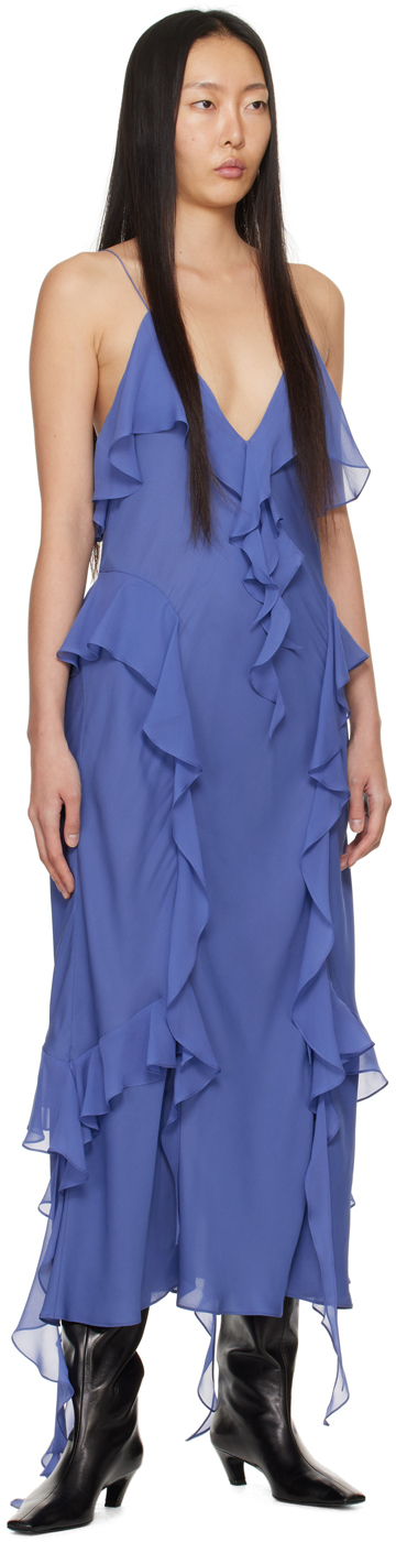 Khaite Pim Cascading-ruffles Sleeveless Maxi Dress In 341 Blue Iris