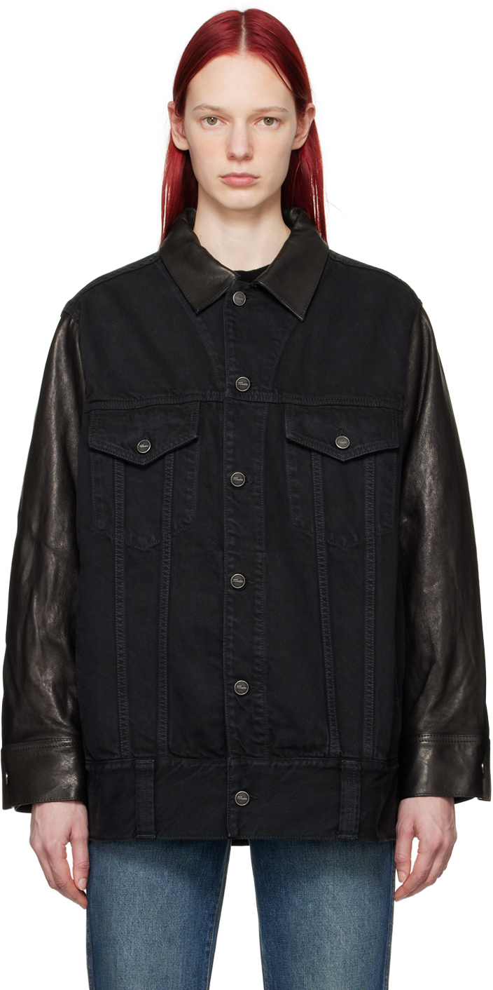 Shop Khaite Black 'the Grizzo' Denim & Leather Jacket In 91 Prescott