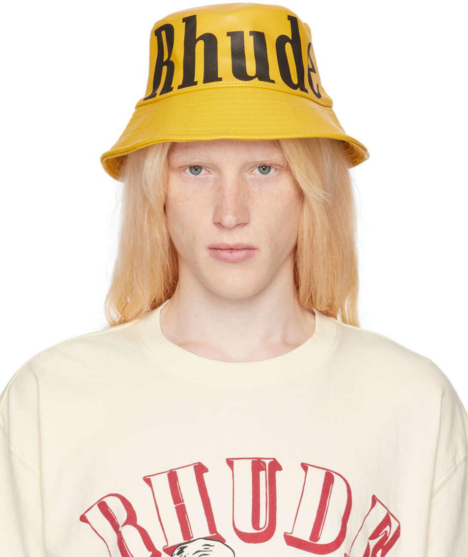 Rhude Yellow Logo Leather Bucket Hat