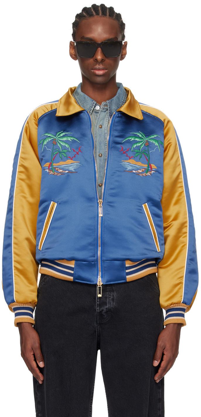 Rhude Blue & Yellow Palm Eagles Souvenier Bomber Jacket