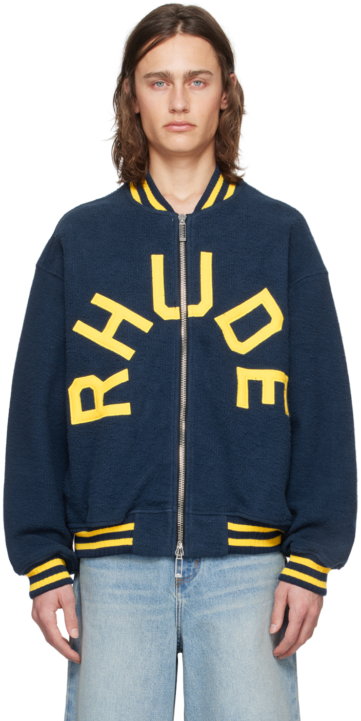 Shop Rhude Navy Striped Bomber Jacket In Navy/yellow