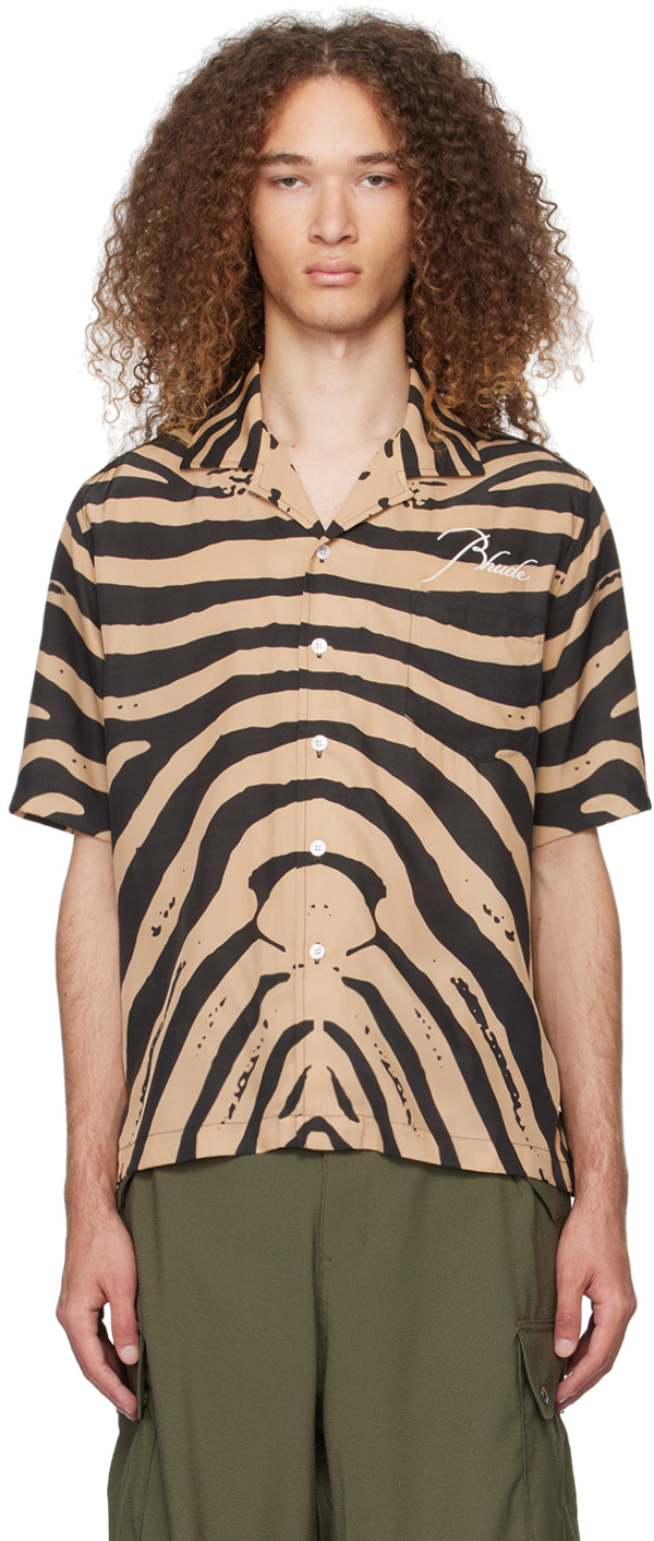 Rhude Zebra Camp-collar Boxy-fit Silk Shirt In Black Tan