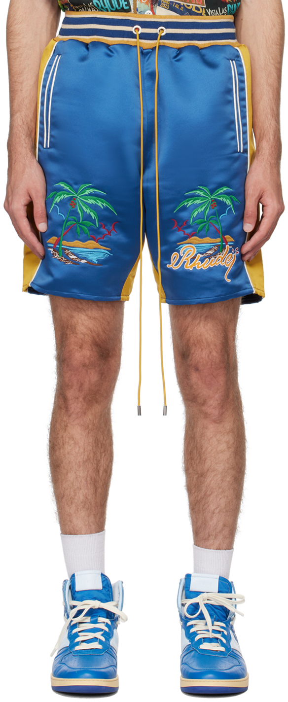Rhude Straight-leg Panelled Logo-embroidered Satin Drawstring Shorts In Navy/mustard Yellow